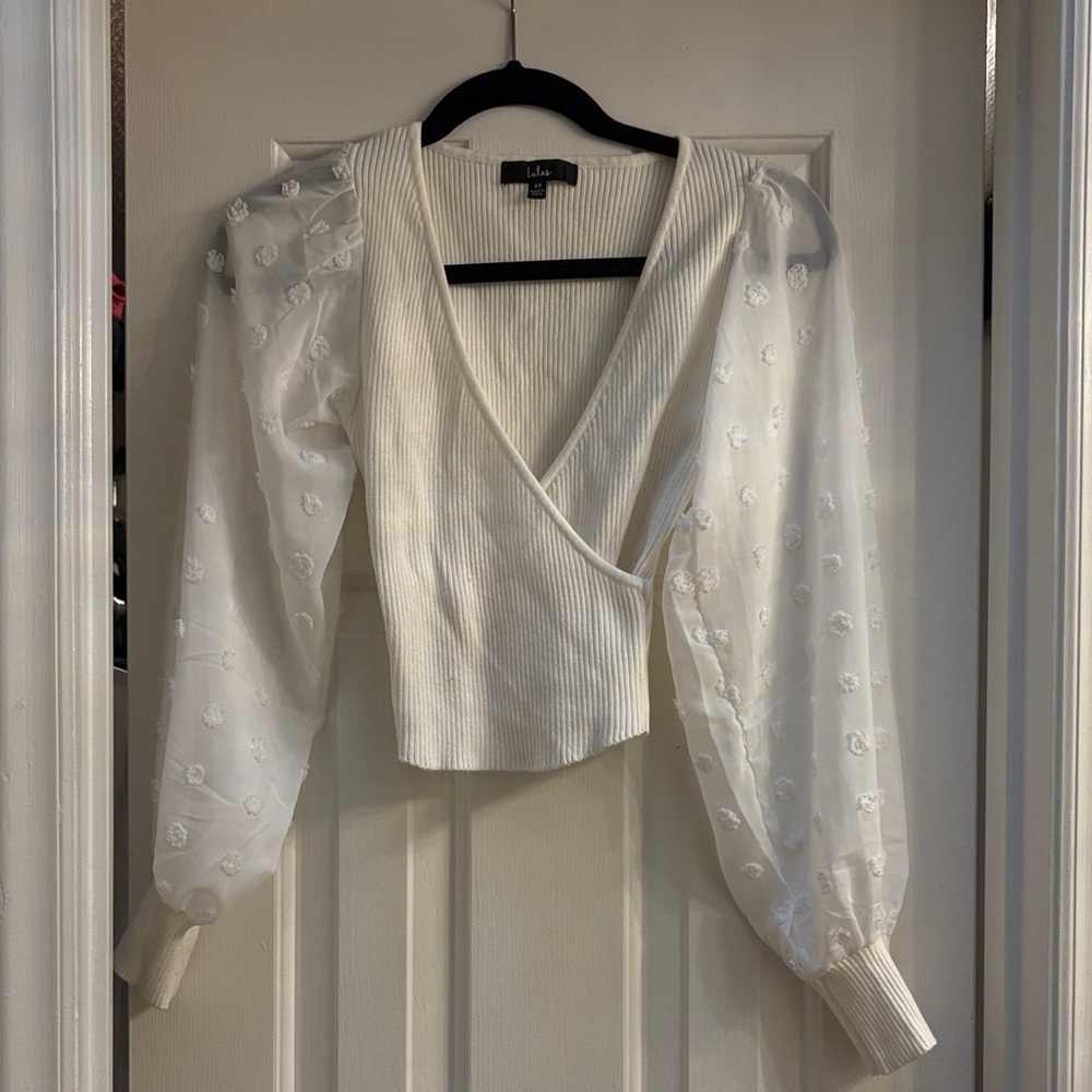 Lulu's Ivory Wrap Blouse with Sheer Sleeves